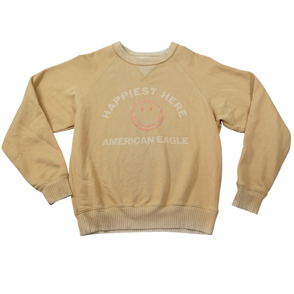 American Eagle Happiest Here Smiley Face Sweatshirt Tan Cozy Loungewear Casual‎